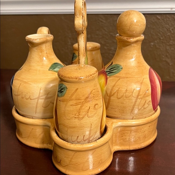 Vintage Oil & Vinegar Ceramic Cruet Set with Salt & Pepper, El Camino Brand - Picture 1 of 10